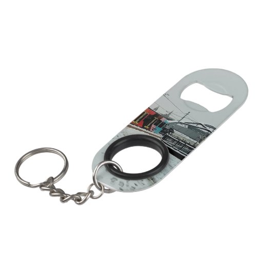 Gestreepte tram mini flessenopener (Voorkant Gekanteld)