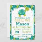 Gestreepte Turtle Verjaardag Uitnodiging (groen) (Voorkant)