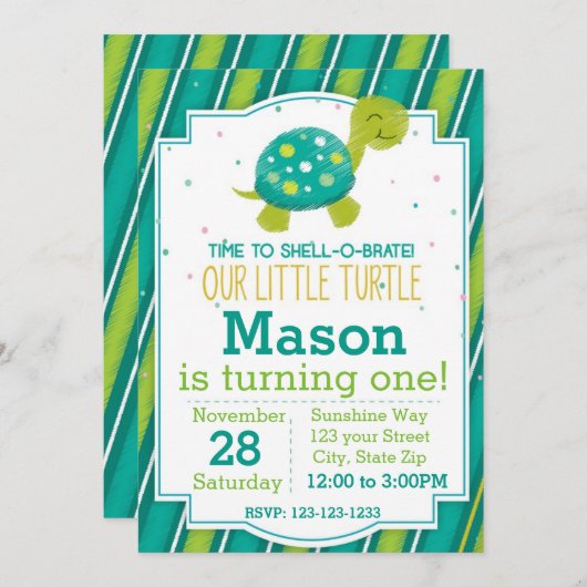 Gestreepte Turtle Verjaardag Uitnodiging (groen) (Voorkant / Achterkant)