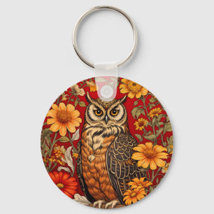 Gestreepte uil en Zinnia bloemen Sleutelhanger