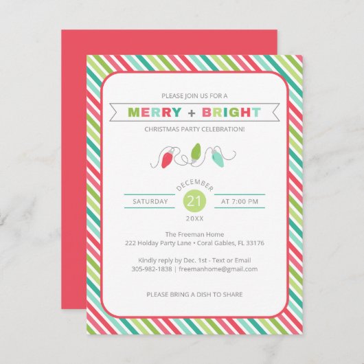 Gestreepte vrolijke + heldere kerst uitnodiging (Voorkant / Achterkant)