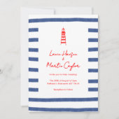 Gestreepte vuurtoren rood blauw oostkust bruiloft kaart (Voorkant)