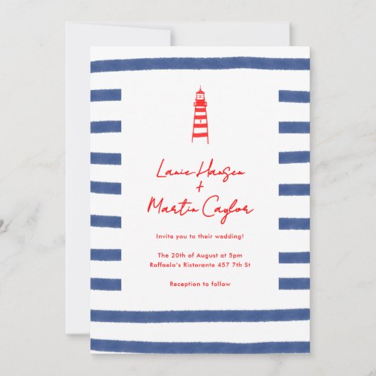 Gestreepte vuurtoren rood blauw oostkust bruiloft kaart (Voorkant)