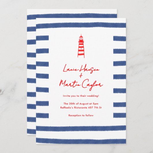 Gestreepte vuurtoren rood blauw oostkust bruiloft kaart (Voorkant / Achterkant)