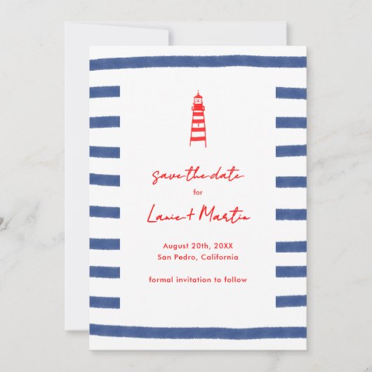 Gestreepte Vuurtoren Rood Blauw Oostkust Save The Date (Voorkant)