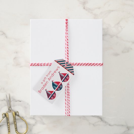 Gestreepte zeilboten, gepersonaliseerde Gift Label Cadeaulabel (Met Touw)