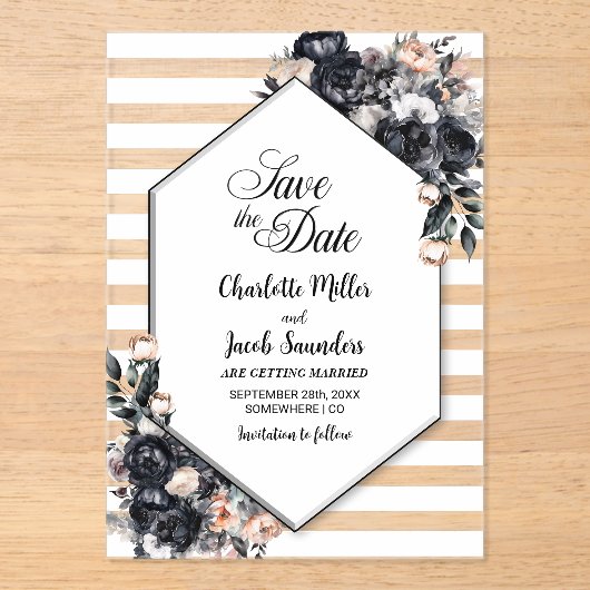 Gestreepte zwarte bloemenacryl Save the Date Acryl Uitnodigingen (Voorkant)