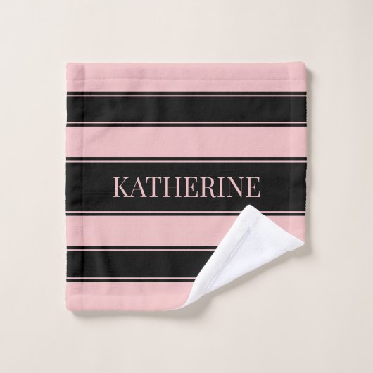 Gestreepte zwarte en roze aangepaste naam bad handdoek (Wasdoekje)