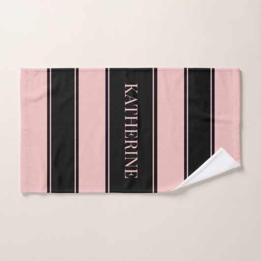 Gestreepte zwarte en roze aangepaste naam bad handdoek (Handdoek)