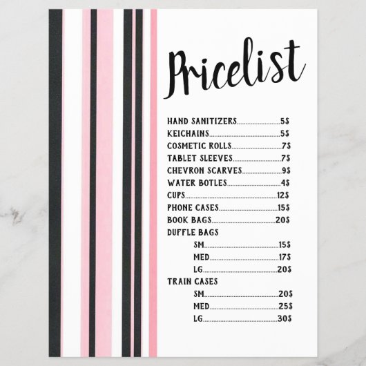 Gestreepte Zwarte En Roze Prijslijst Flyer (Voorkant)