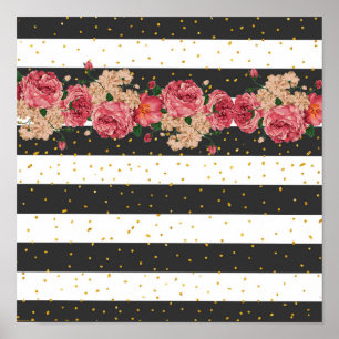 Gestreepte zwarte roze goud glitter confetti flora poster