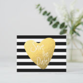 Gestreepte Zwarte Witte Gouden Folie Hartansichtka Aankondigingskaart (Staand voorkant)