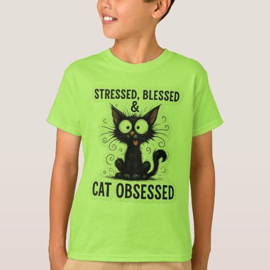 Gestrest Geblessed & Kat Obessed Grappige Zwarte K T-shirt (Voorkant)