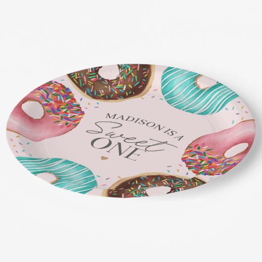 Gestrooide Donut 1e Verjaardagsfeest Tafel Decor Papieren Bordje (Gekanteld)