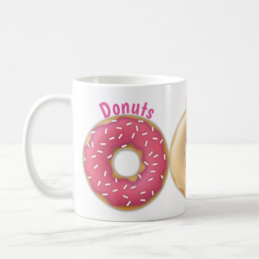 Gestrooide donuts roze, chocolade, esdoorn, vanill koffiemok (Links)