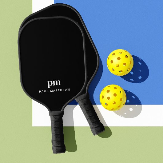 Gestroomlijnd zwart met monogram en naam pickleball paddle