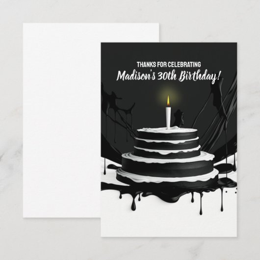 Gestroomlijnd zwart-wit thema taart verjaardagsfee bedankkaart (Voorkant / Achterkant)