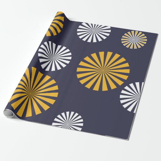 Gestyleerde andelionen, marineblauw, geel, wit cadeaupapier (Uitgerold)