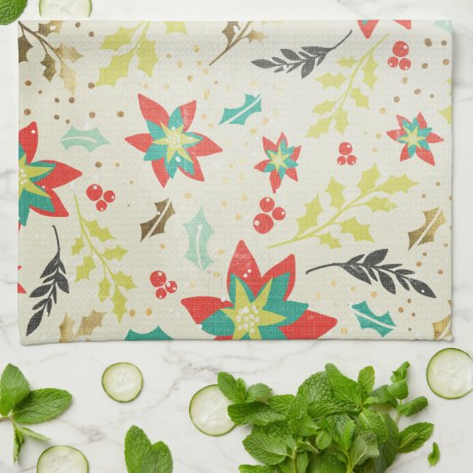 Gestyleerde Poinsettia-bloemen met bladeren en bes Theedoek (Gevouwen)