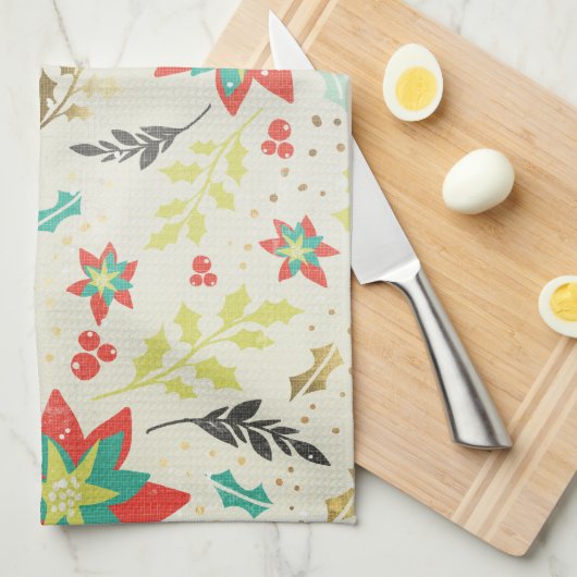 Gestyleerde Poinsettia-bloemen met bladeren en bes Theedoek (Quarter Fold)