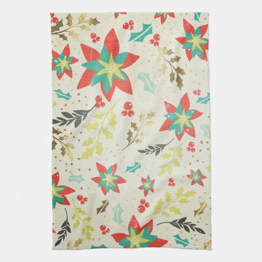Gestyleerde Poinsettia-bloemen met bladeren en bes Theedoek (Verticaal)