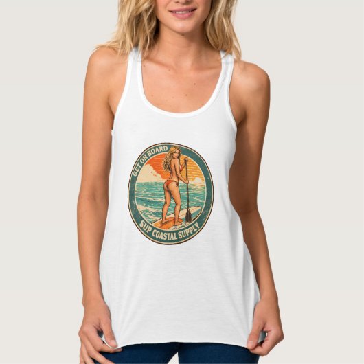 Get On Board SUP Pinup Paddleboard Retro Surf Shop Tanktop (Voorkant)