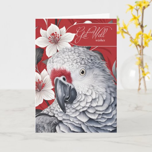 Get Well African Grey Parrot Red and White Lilies Kaart (Gele Bloem)