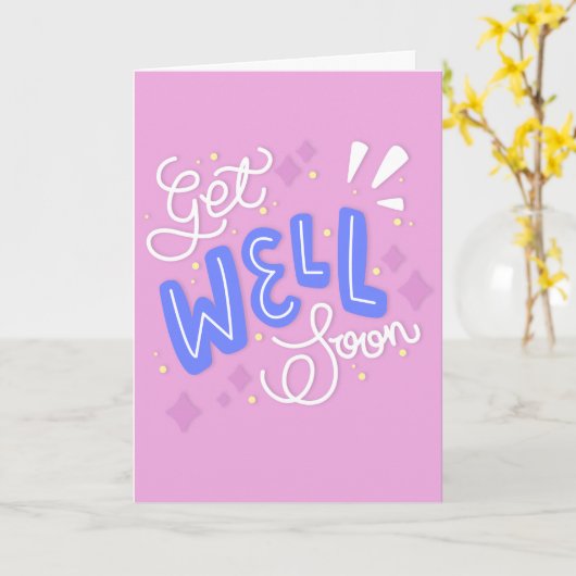 Get Well Binnenkort Moderne Roze en Blauwe Typogra Kaart (Gele Bloem)