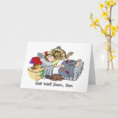 Get Well Cartoon van Son in Bed and Pet Dog Kaart (Gele Bloem)