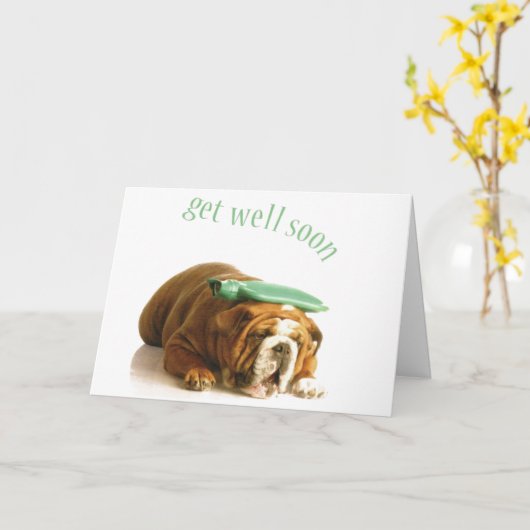 Get Well Kaart - zieke hond met warmwaterfles (Gele Bloem)