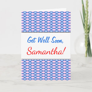 Get Well Soon; Blauw en Roze Diamant Vorm Patroon Kaart