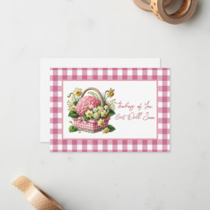 Get Well Soon Bloemenmand Roze Gingham Notitiekaartje