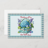 Get Well Soon Bloemenmand Turquoise Gingham Notitiekaartje (Voorkant / Achterkant)