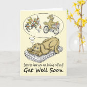 Get Well Soon Cartoon Dog Dromen van eten Kaart (Gele Bloem)