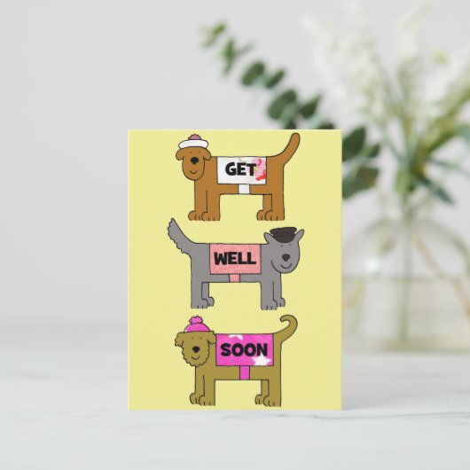 Get Well Soon Cartoon Honden in Kleding. Briefkaart (Staand voorkant)