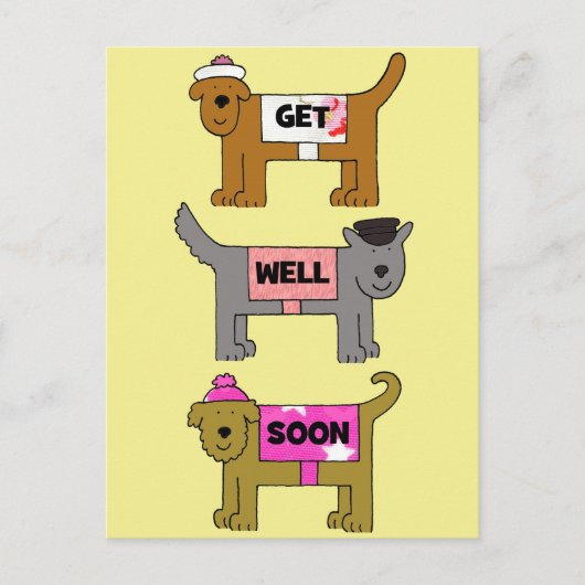 Get Well Soon Cartoon Honden in Kleding. Briefkaart (Voorkant)