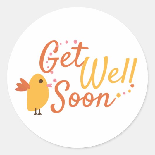 Get Well Soon Groet met Schattigee Vogel en Bloeme Ronde Sticker (Voorkant)