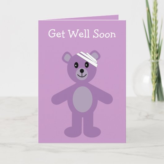 Get Well Soon lila cartoon teddybeer kaart (Voorkant)