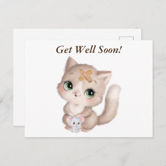 Get Well Soon Waterverf Kitten en Muis Briefkaart (Voorkant / Achterkant)