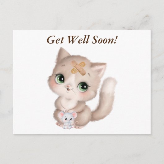 Get Well Soon Waterverf Kitten en Muis Briefkaart (Voorkant)