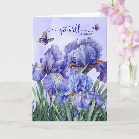 Get Well with a Purple Iris Garden and Butterflies Kaart (Orchidee)