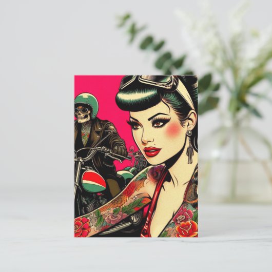 Getatoeëerd biker meisje briefkaart (Staand voorkant)