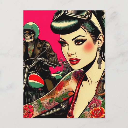 Getatoeëerd biker meisje briefkaart (Voorkant)