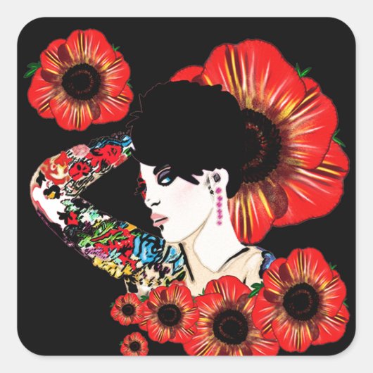 Getatoeëerd meisje tussen klaprozen Kunst van Leah Vierkante Sticker (Voorkant)
