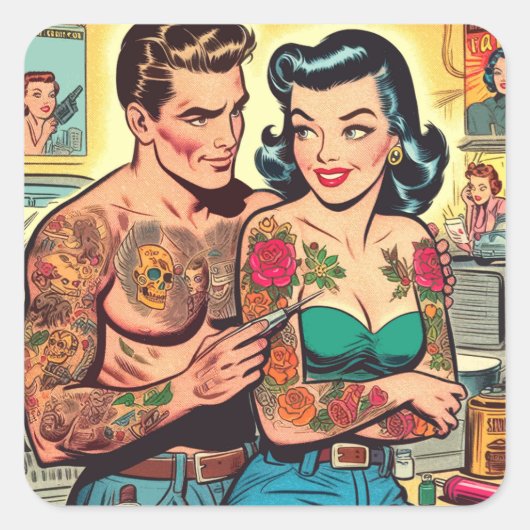 Getatoeëerd paar Comics Vierkante Sticker (Voorkant)