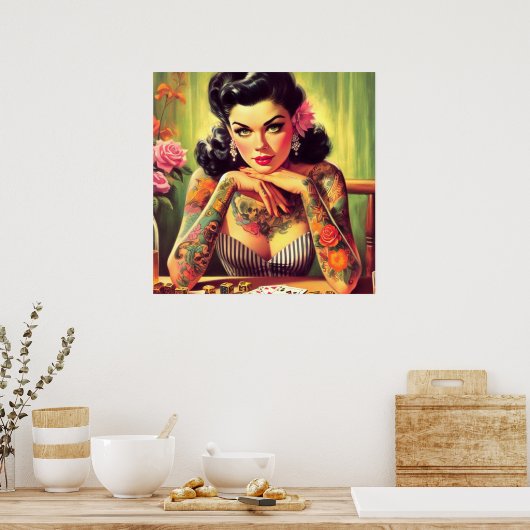 Getatoeëerd pin-up portret schilderij poster (Keuken)