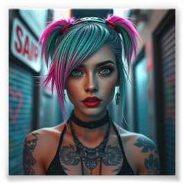 Getatoeëerd Punk meisje met neon haar in Urban All Foto Afdruk