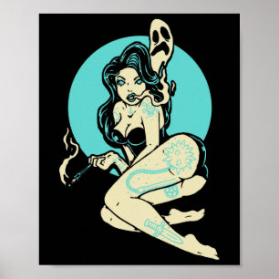 Getatoeëerde Gothic Pin-up Girl Horror Ghost Moon Poster