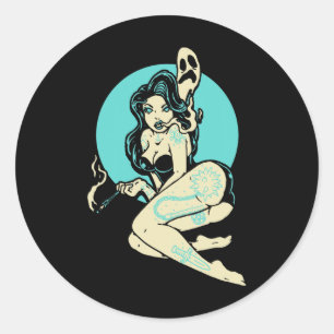 Getatoeëerde Gothic Pin-up Girl Horror Ghost Moon  Ronde Sticker