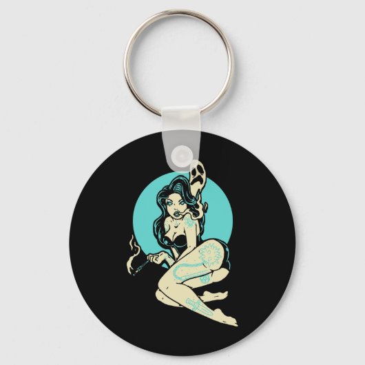 Getatoeëerde Gothic Pin-up Girl Horror Ghost Moon  Sleutelhanger (Voorkant)